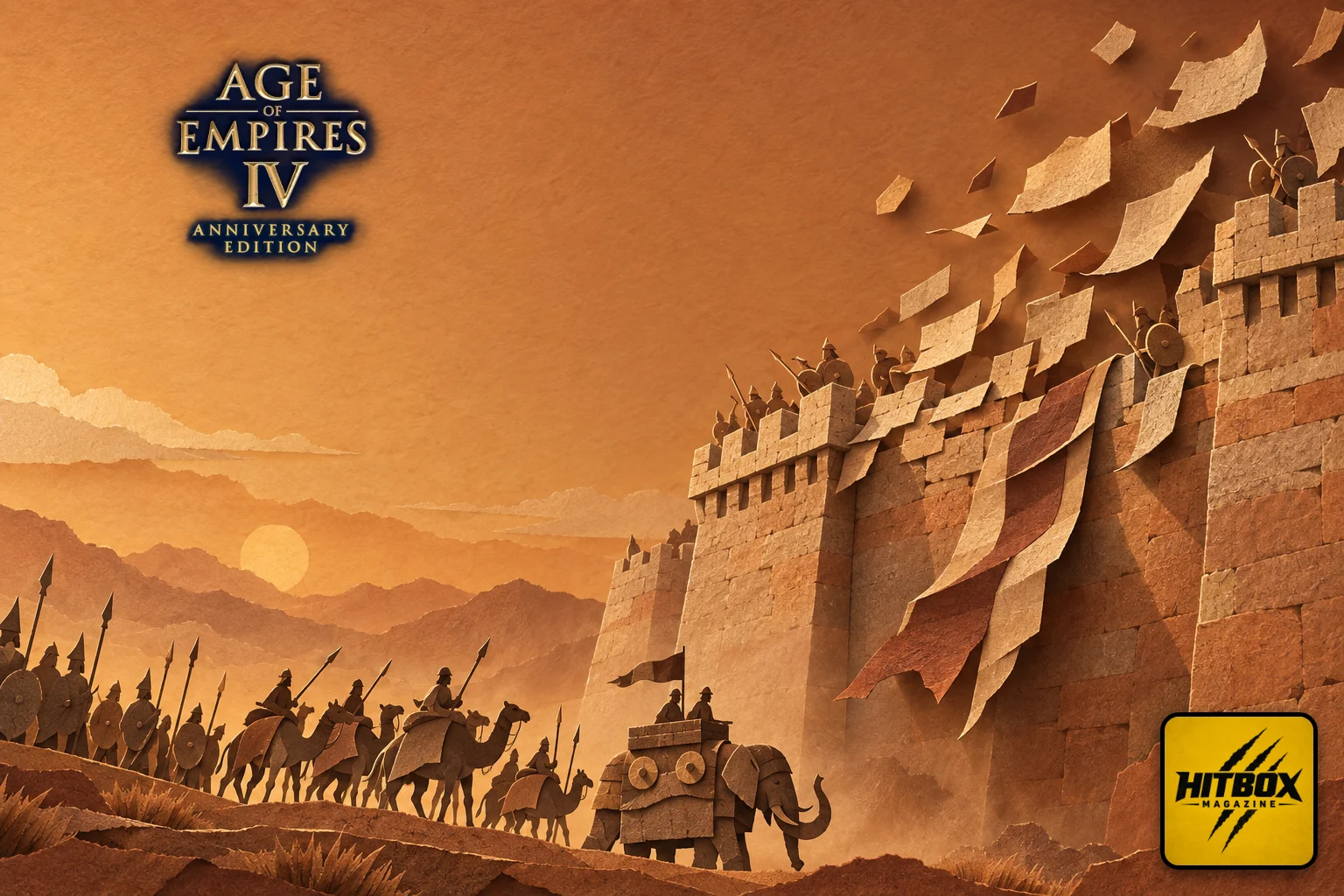 Age of Empires paper-cut siege wall coming apart into drifting loose sheets