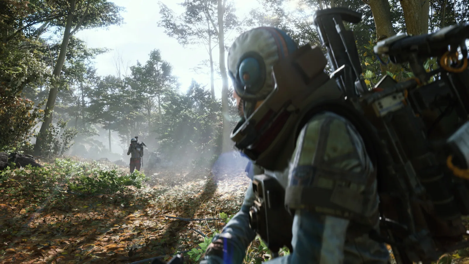 Jeu d'extraction, un pillard en combinaison traverse une forêt embrumée
