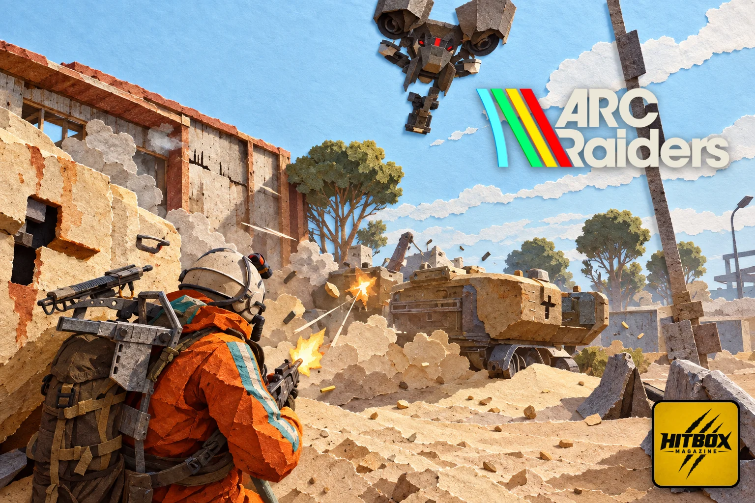ARC Raiders en papier découpé, raider en combinaison orange face à une machine volante