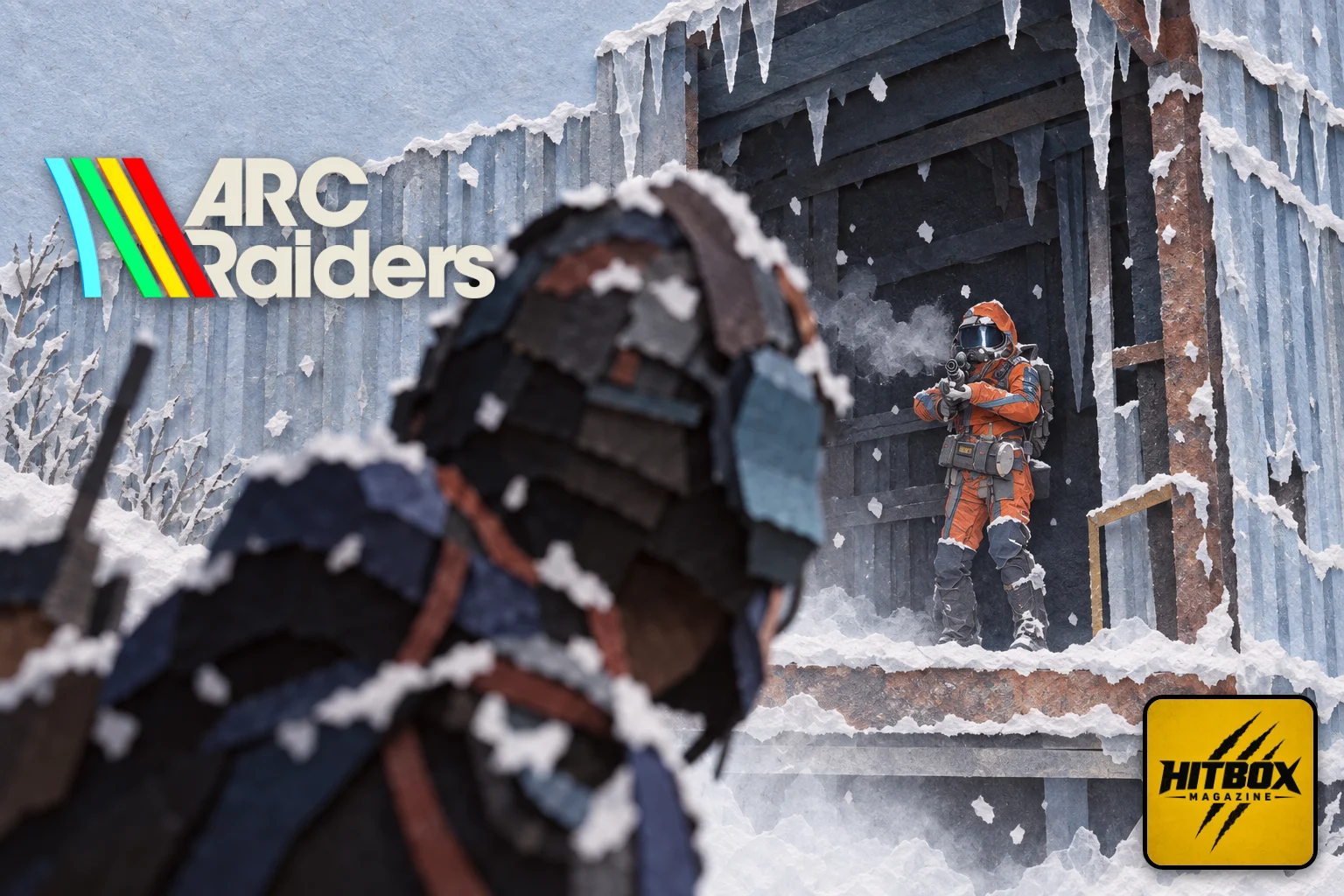 ARC Raiders en papier découpé, raider en combinaison orange dans un hangar gelé