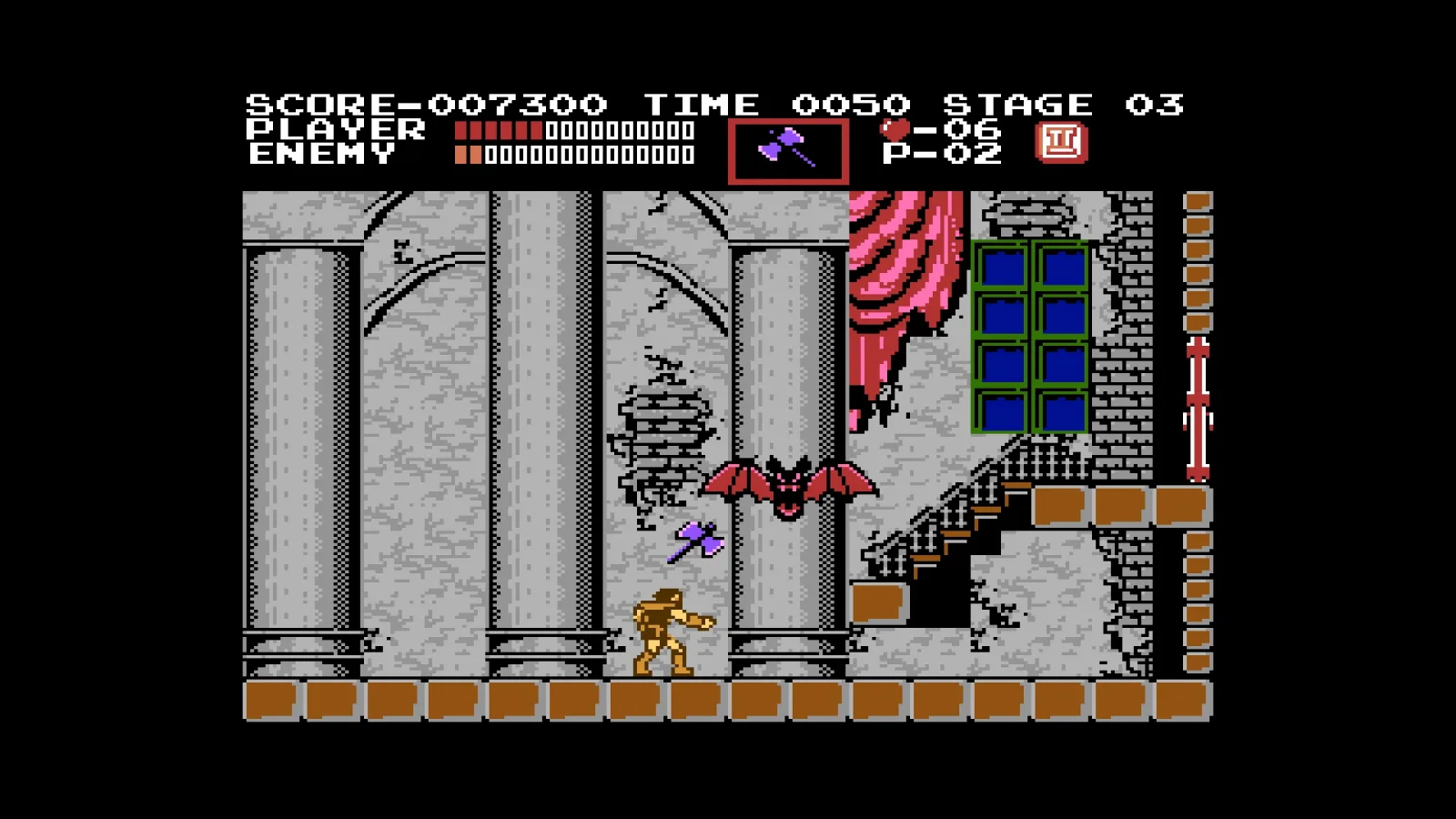 Castlevania, Simon Belmont in a pillared hall facing a bat