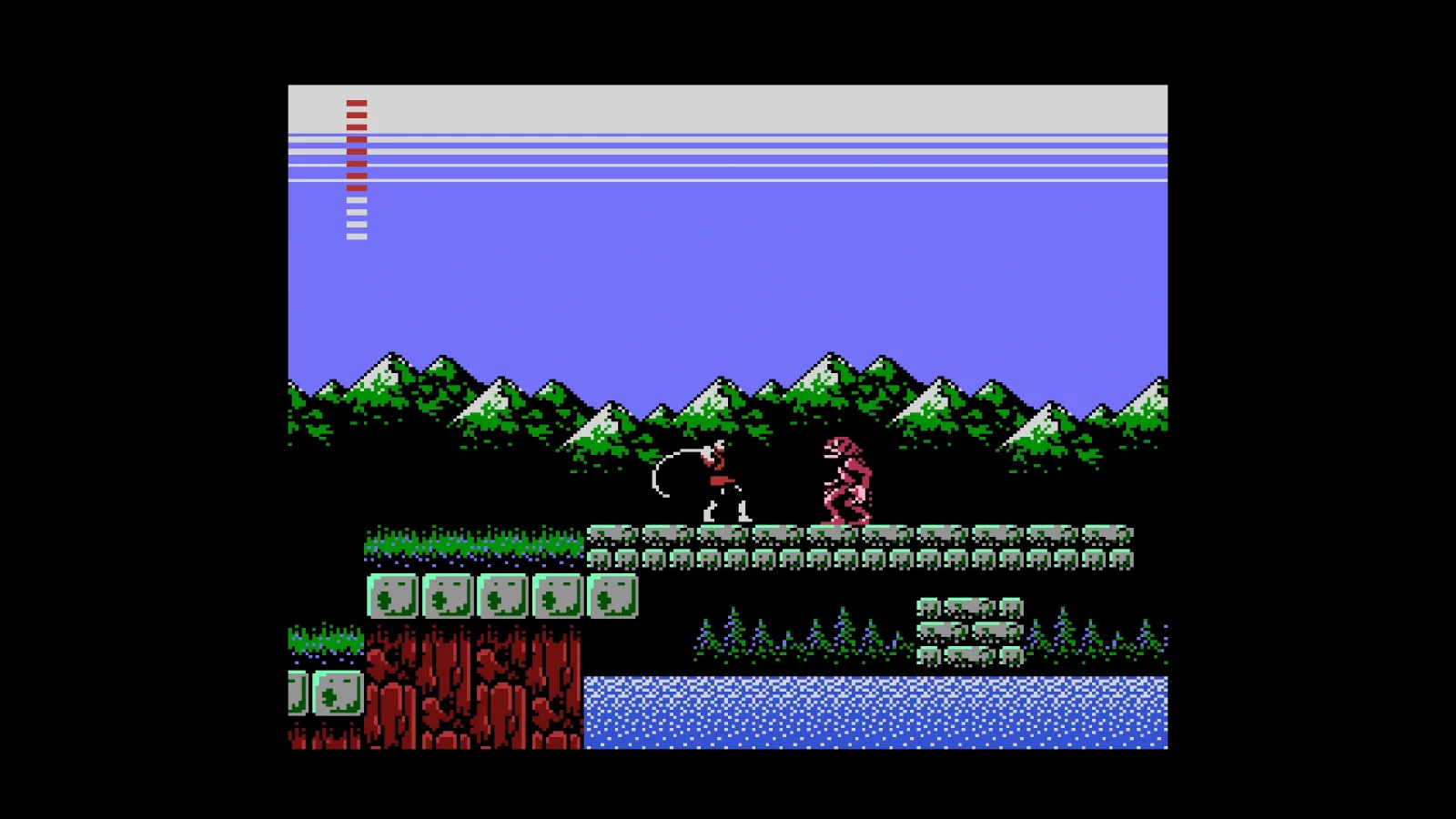 Castlevania, an outdoor stage with mountains and flying enemies over water