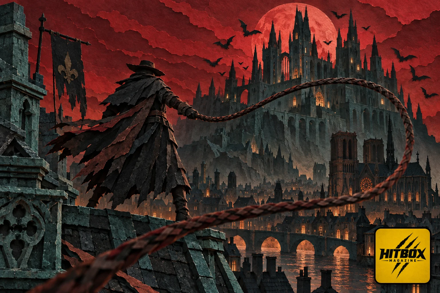 Castlevania: Belmont's Curse paper-cut whip lashing before a gothic castle above medieval Paris