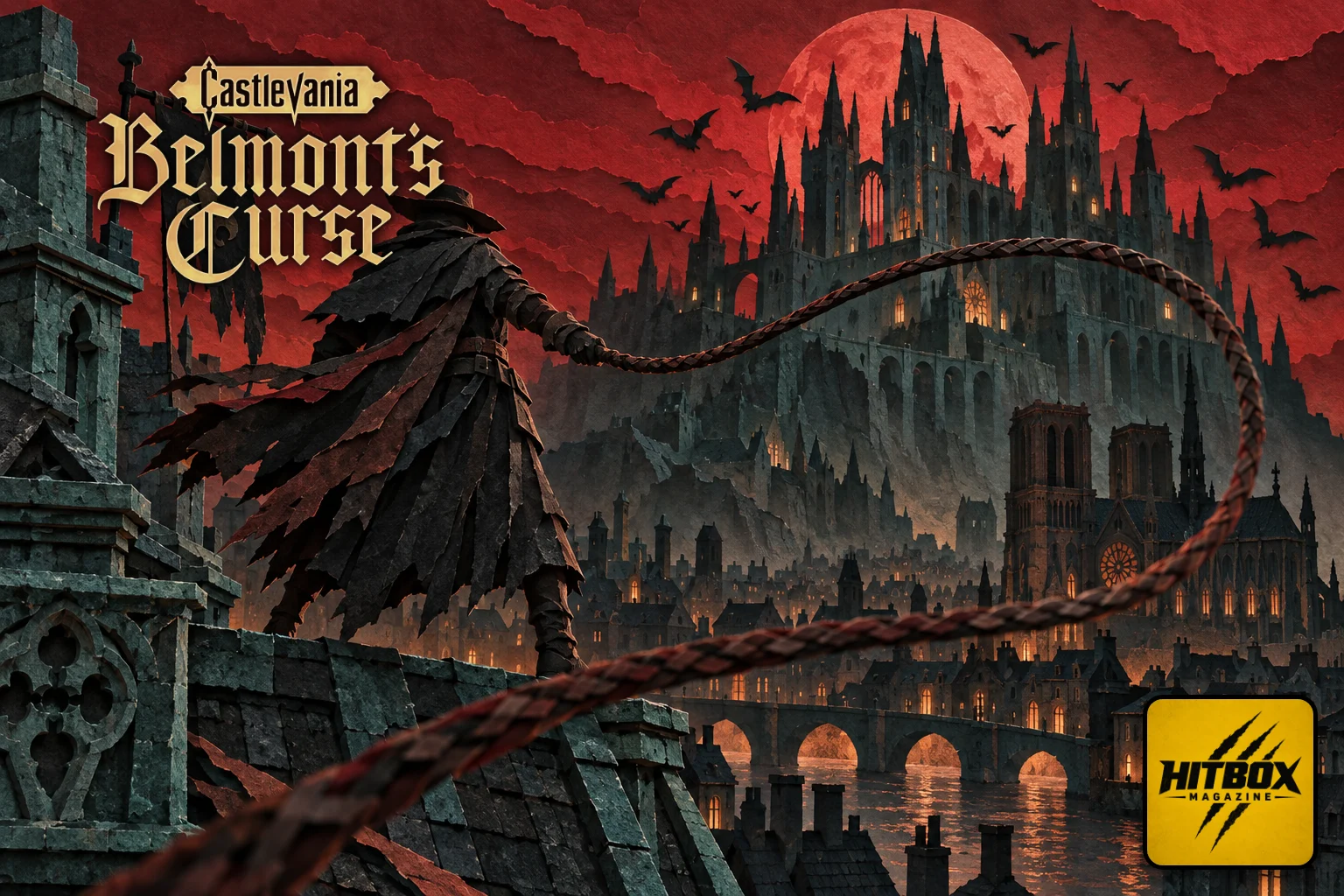 Castlevania: Belmont's Curse fouet en papier découpé devant un château gothique au-dessus de Paris