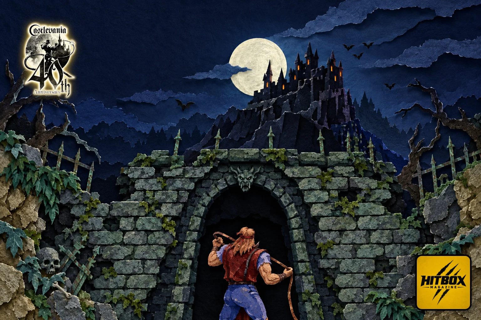 Castlevania en papier découpé, château en ruine sous la pleine lune et grille de pierre
