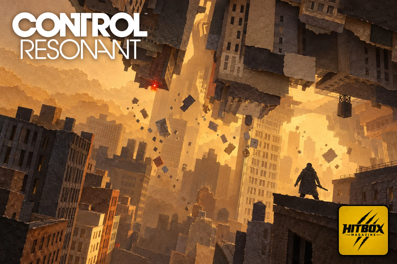 Control Resonant en papier découpé, ville repliée sur elle-même et silhouette sur un toit