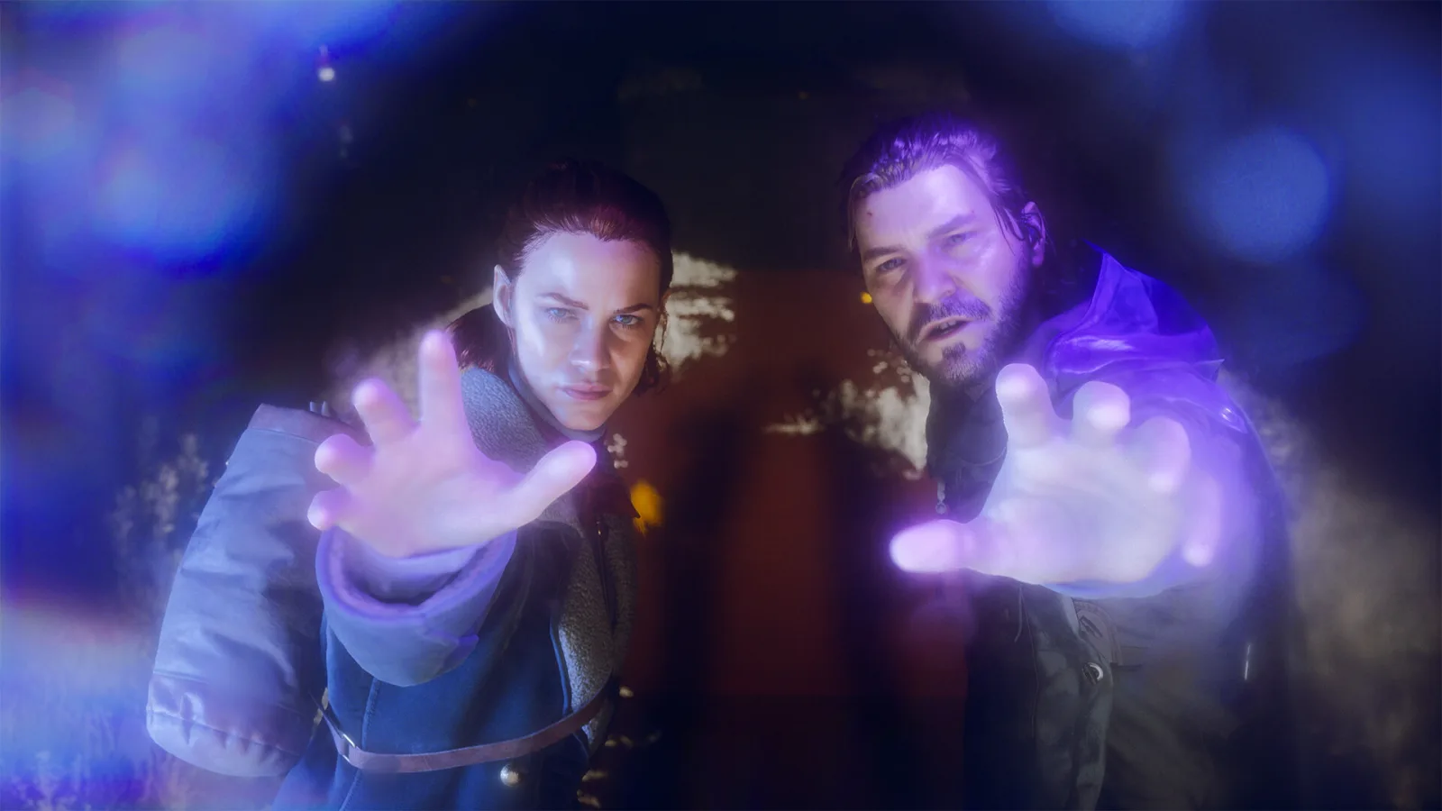 Deux personnages de Control Resonant tendent la main dans un halo violet