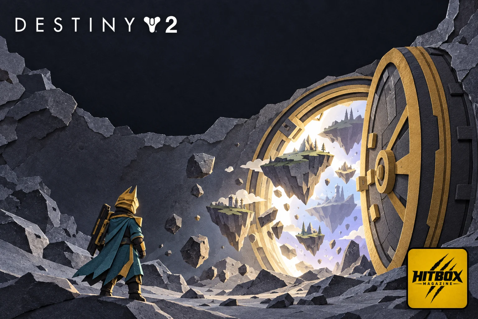 Destiny 2 en papier découpé, coffre entrouvert libérant des îles flottantes lumineuses
