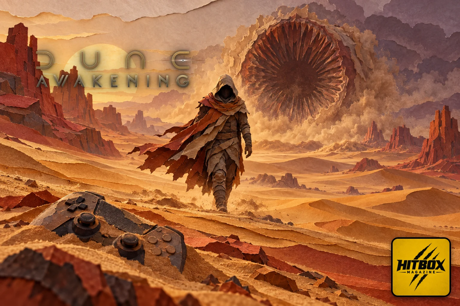 Dune: Awakening voyageur solitaire en papier découpé face à un ver des sables géant