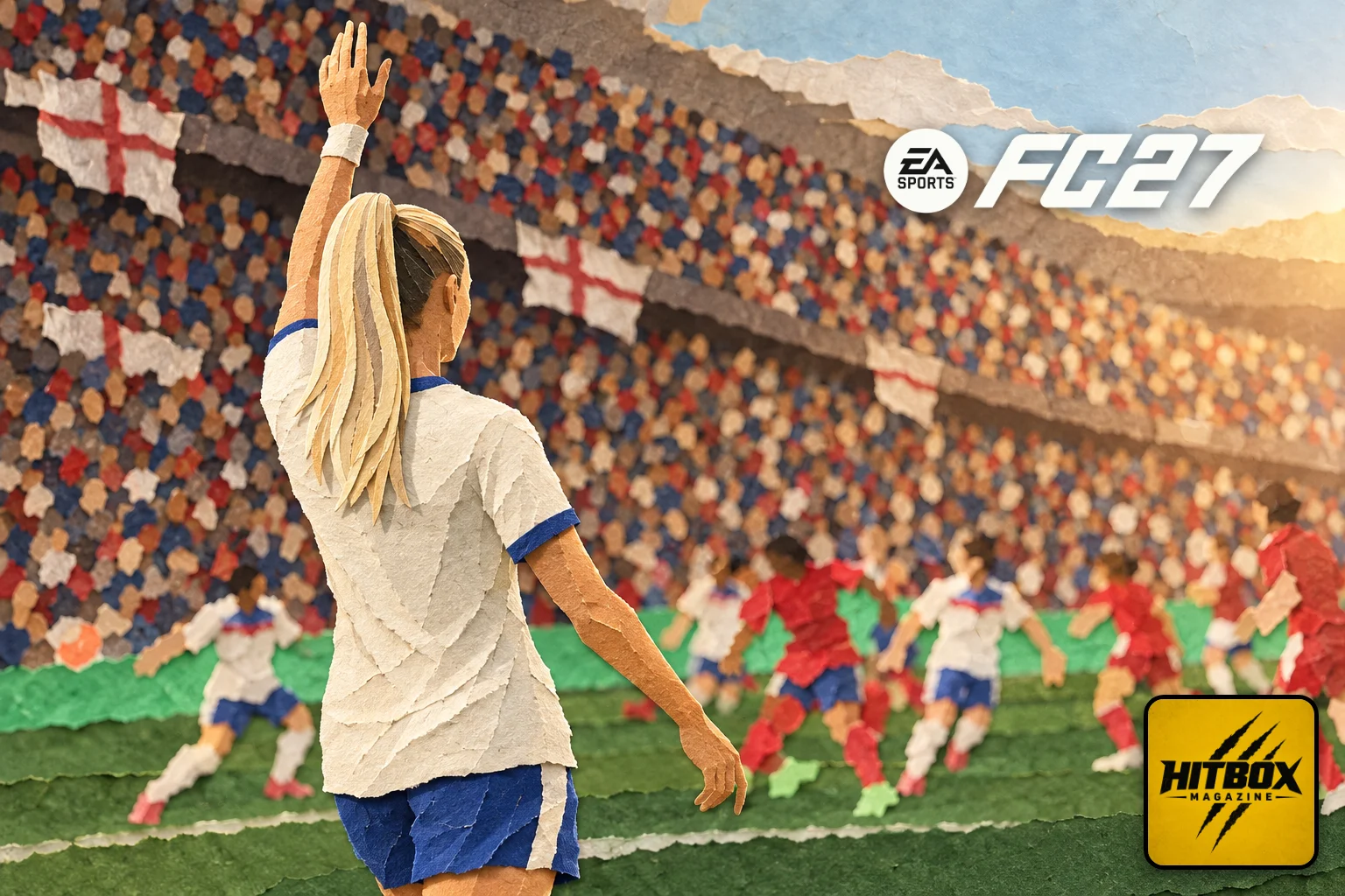 EA Sports FC 27 paper-cut footballer seen from behind facing a packed stand