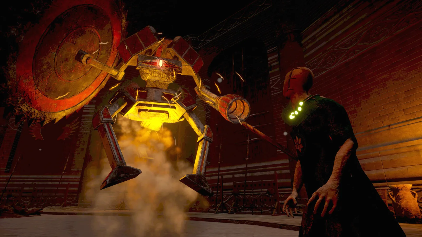 False Hero, boss annoncé par des indices visuels dans une zone sombre