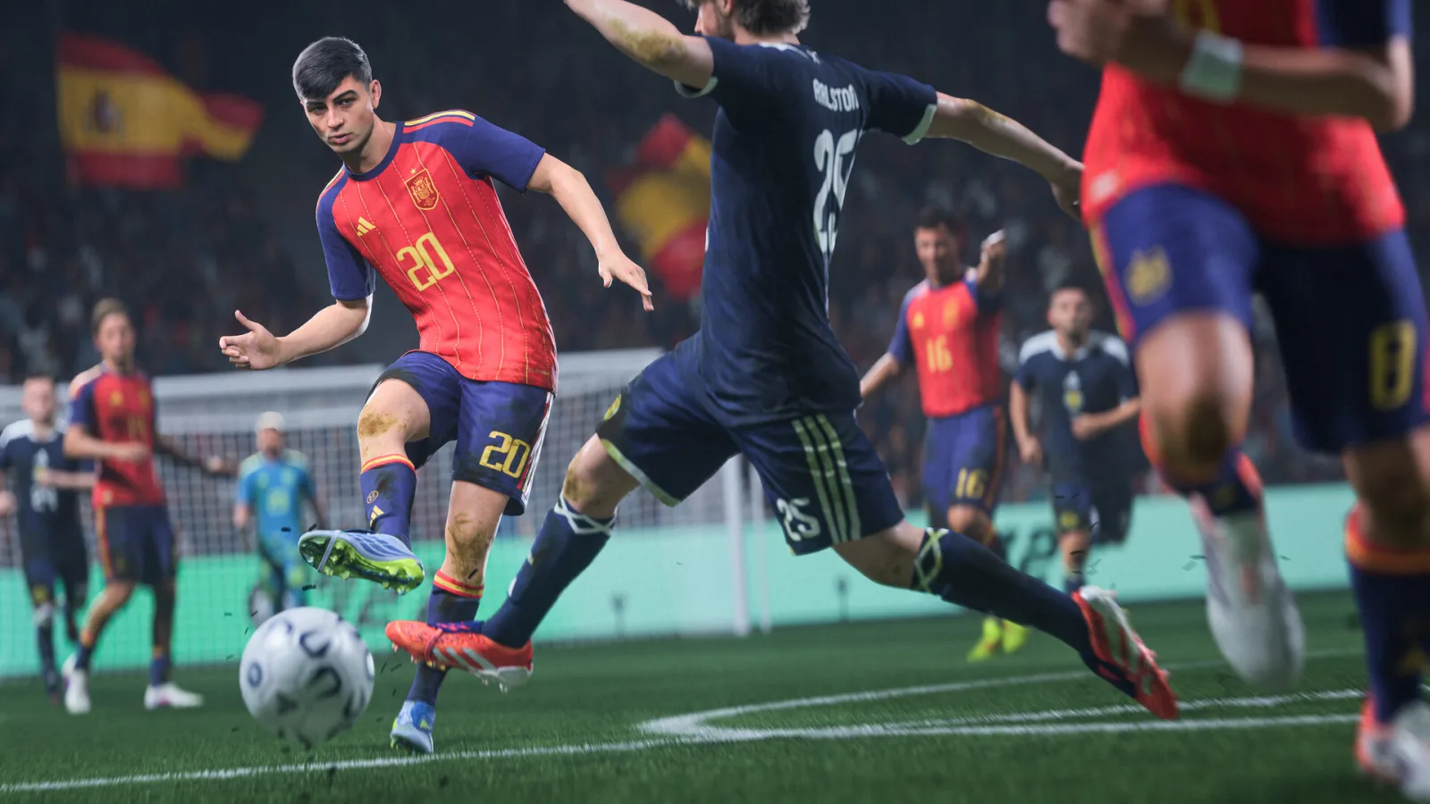 EA Sports FC 27, a defender sliding in on an attacker in front of the stands