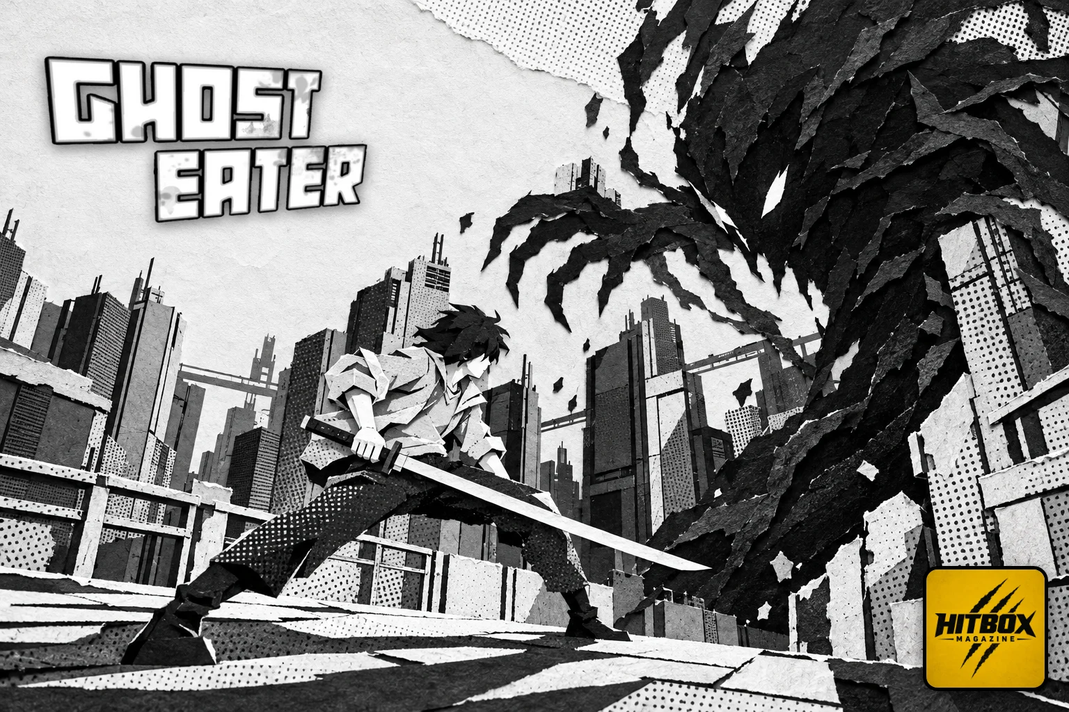 GHOST EATER paper-cut artwork in black and white, a fighter facing a shadow