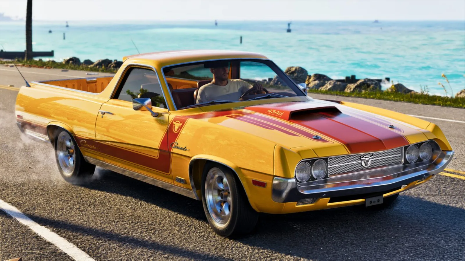 GTA 6 with a yellow classic car on a coastal road beside the sea