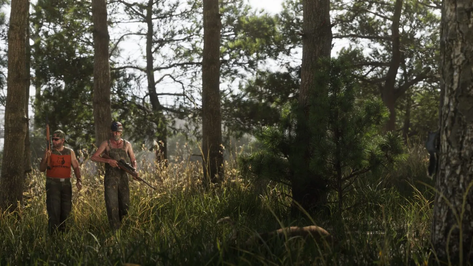 GTA 6 shows two armed hunters moving through a pine forest