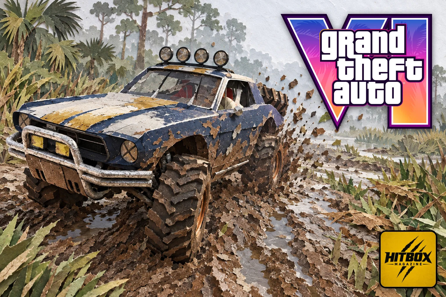 GTA 6 paper-cut scene, blue rally car charging down a muddy swamp track
