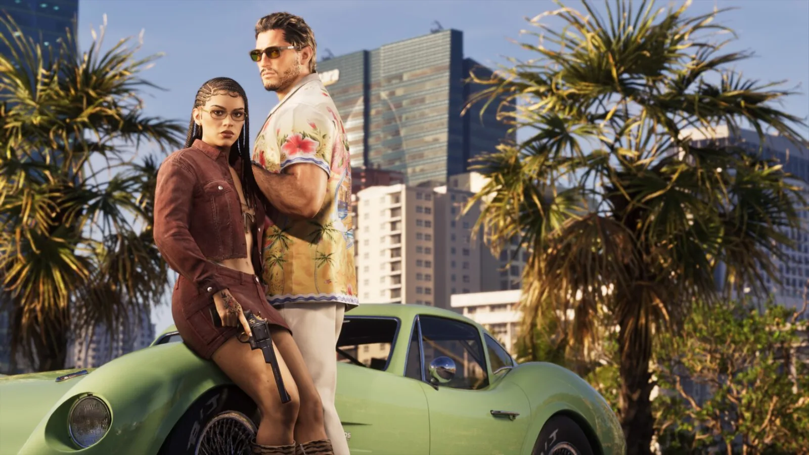 GTA 6 : Jason et Lucia devant leur voiture dans Vice City