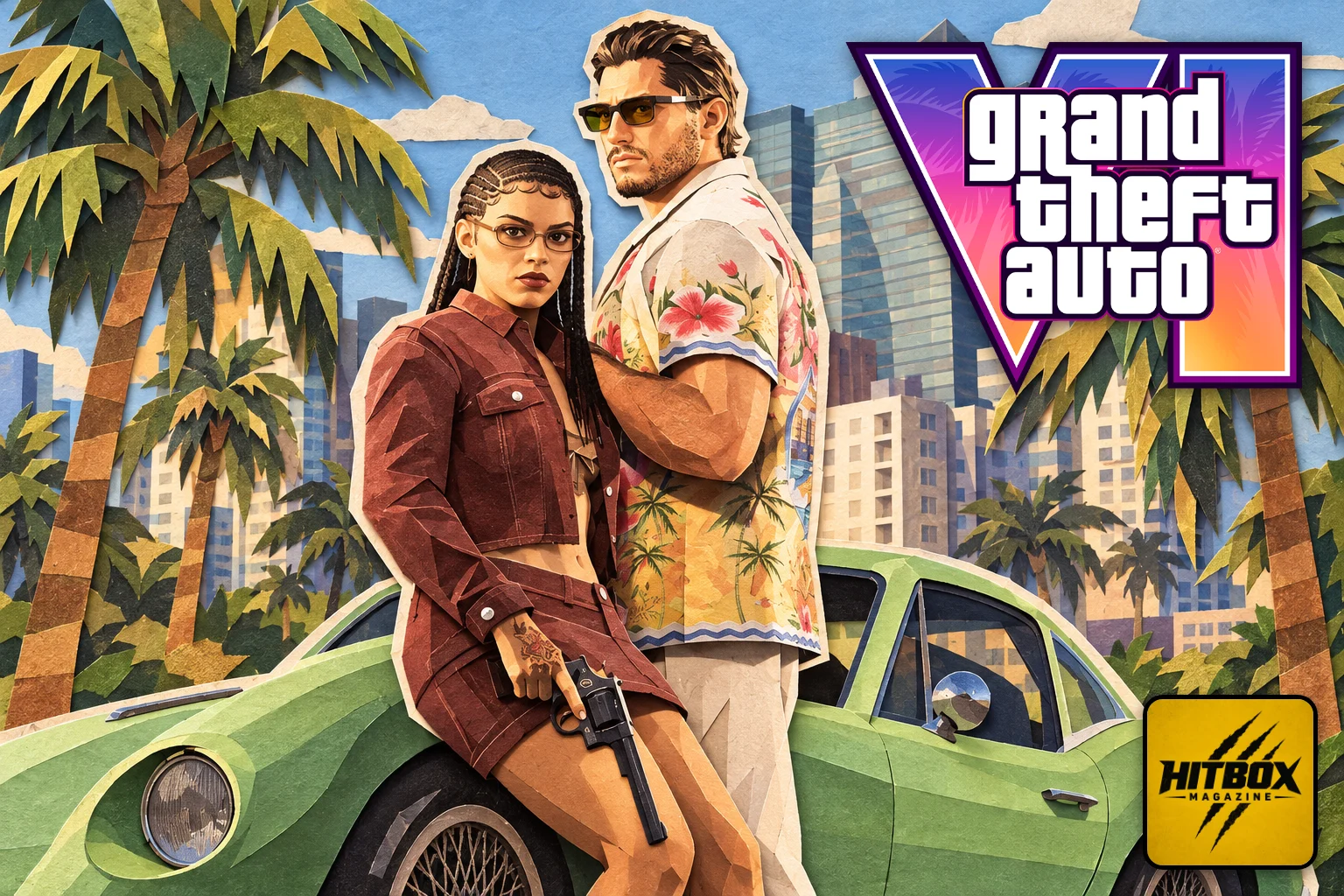 GTA 6 en papier découpé, Jason et Lucia devant une voiture verte à Vice City