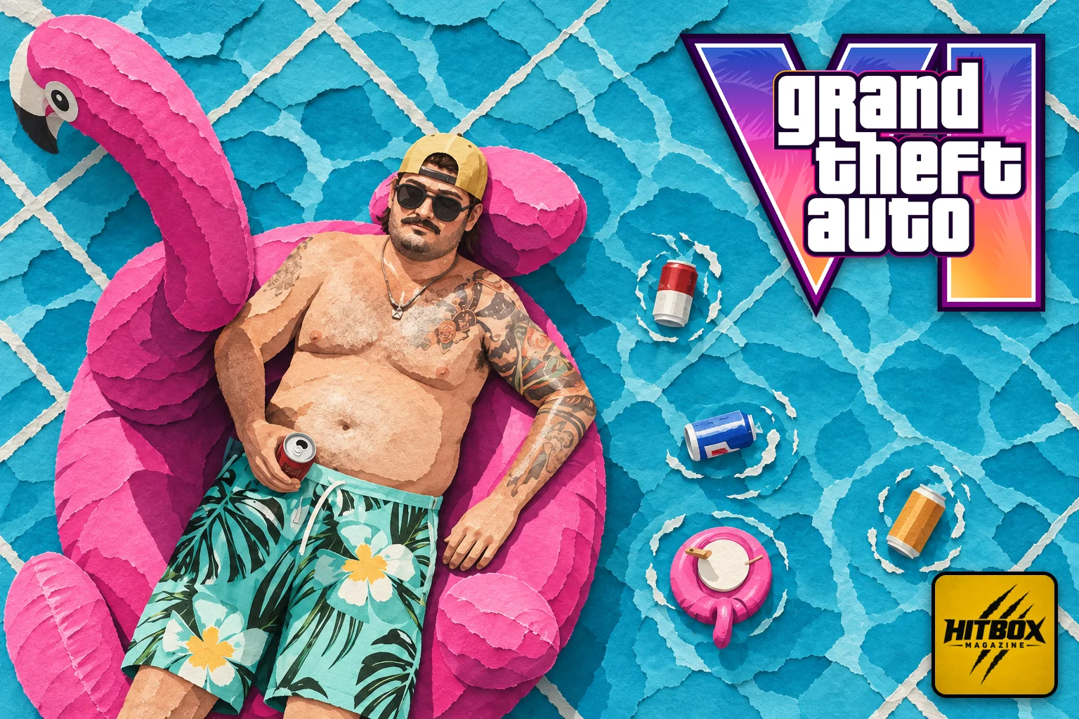 GTA 6 en papier découpé, homme sur une bouée flamant rose dans une piscine turquoise