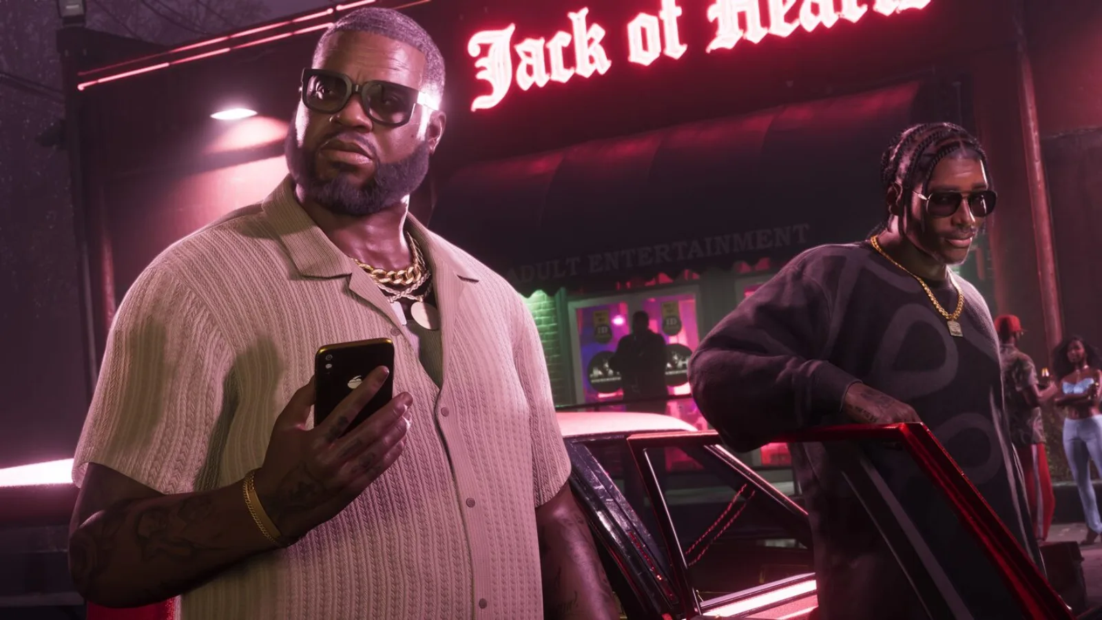 GTA 6, two characters outside a neon-lit Vice City club front