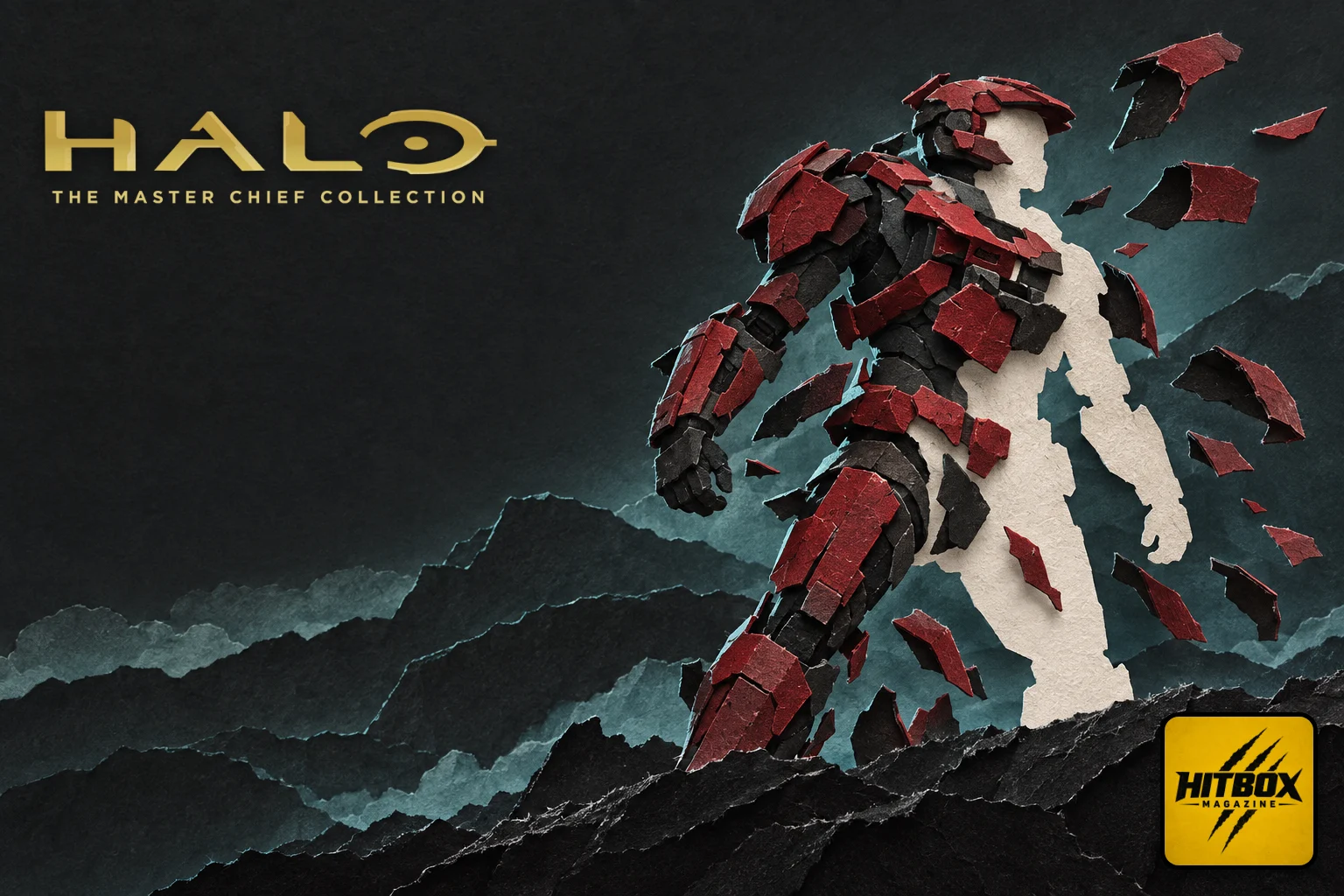 Halo en papier découpé, armure vide dont les plaques s'envolent une à une