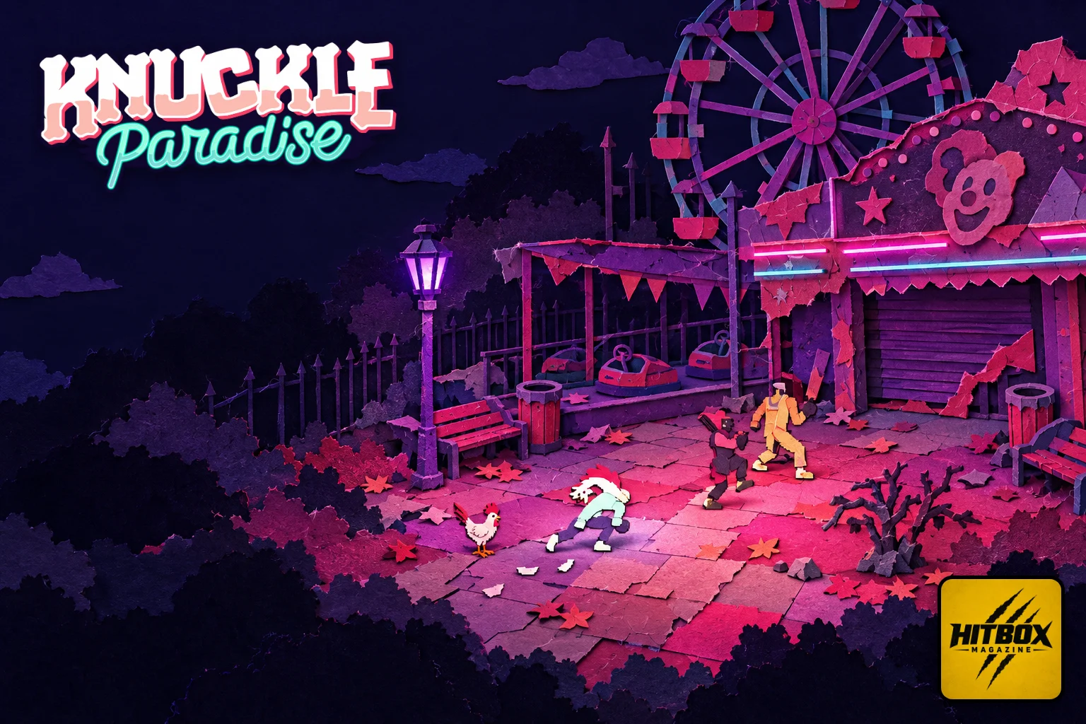 Knuckle Paradise en papier découpé, combat dans un parc d'attractions abandonné