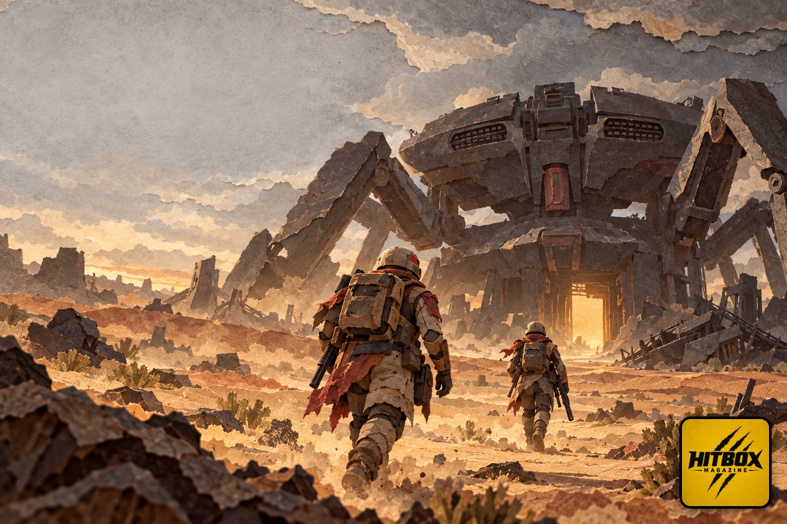 Deux pillards d'un jeu d'extraction traversent une plaine, en papier découpé