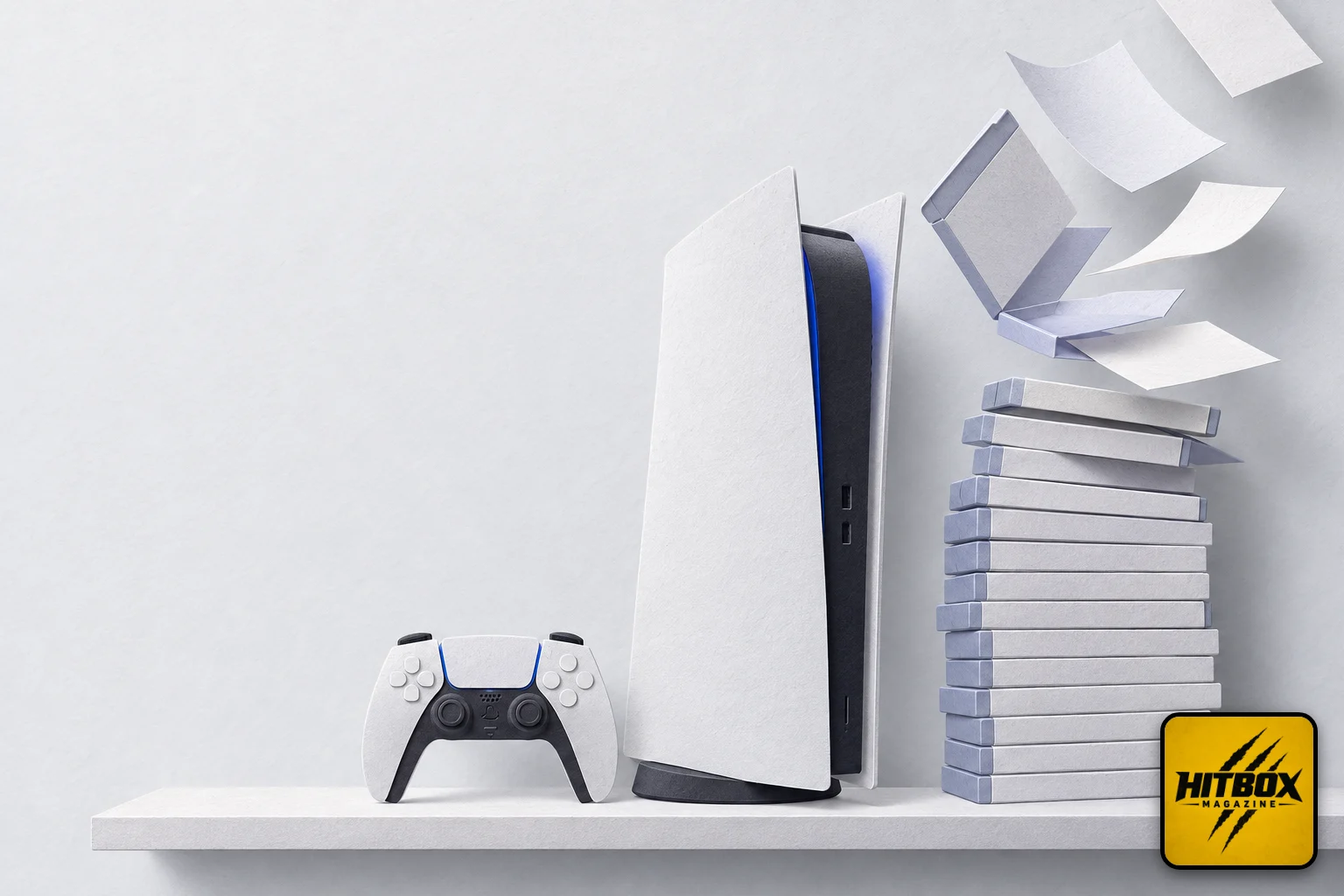 Pile de disques PS5 en papier découpé, boîtiers qui se défont en feuilles