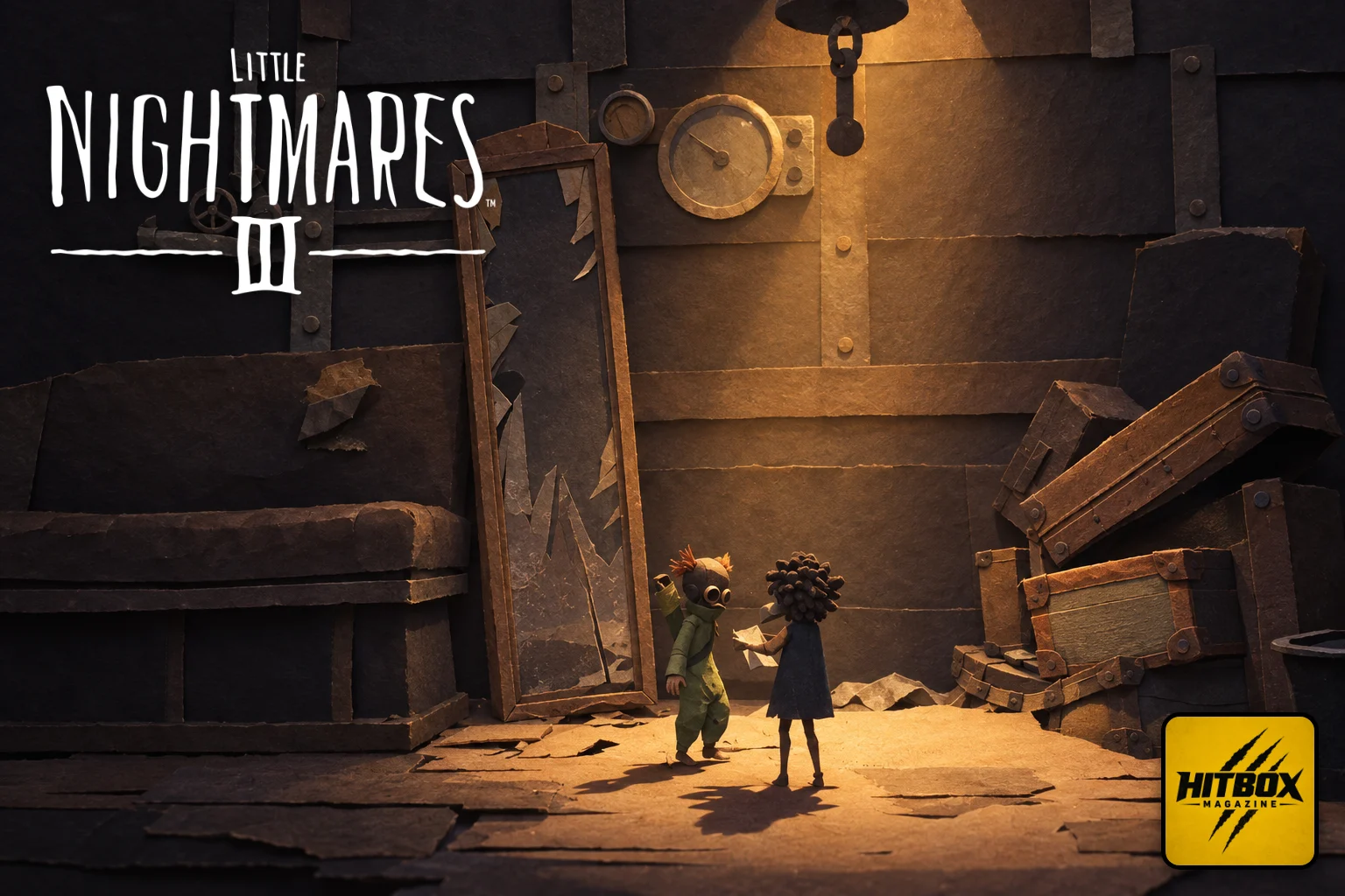 Little Nightmares III en papier découpé, Low et Alone devant un miroir brisé