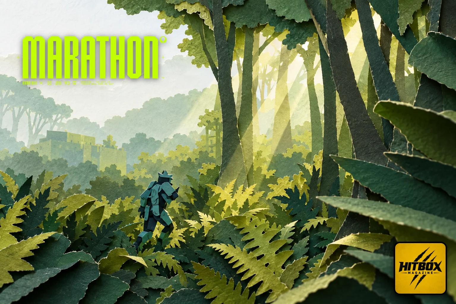 Marathon paper-cut Runner facing an alien hive above the Tau Ceti IV ruins