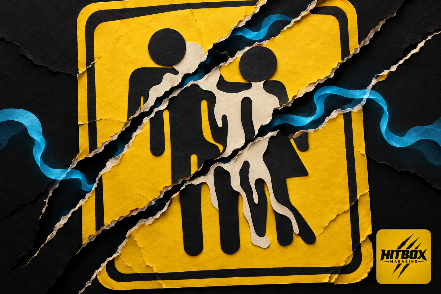 Marvel's Wolverine paper-cut claws slashing across a distorted bathroom sign