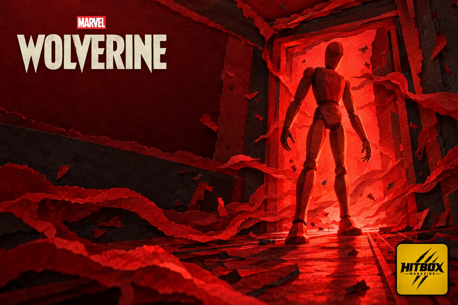 Marvel's Wolverine paper-cut artwork, a red corridor crossed by drifting scent trails