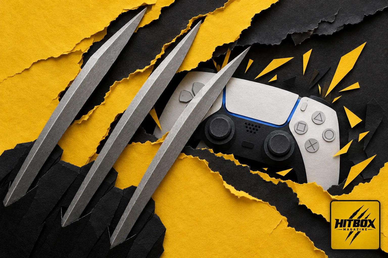 Marvel's Wolverine: three claws rip through yellow and black paper around a controller