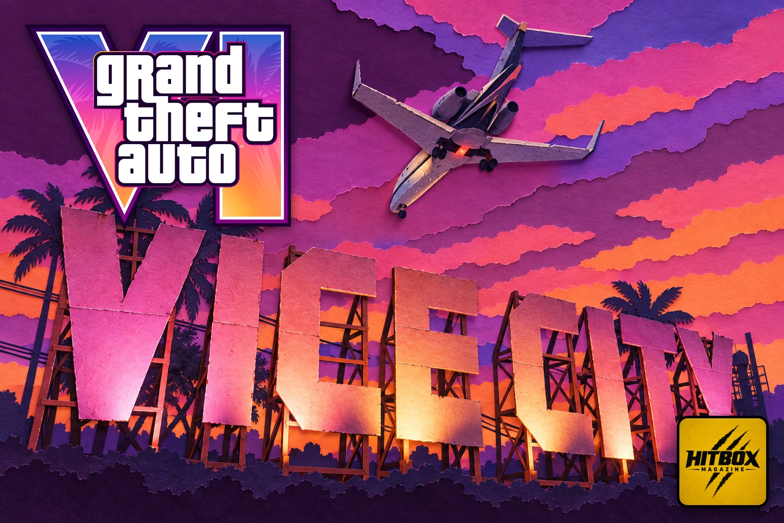 GTA 6 paper-cut art: the giant Vice City sign at sunset
