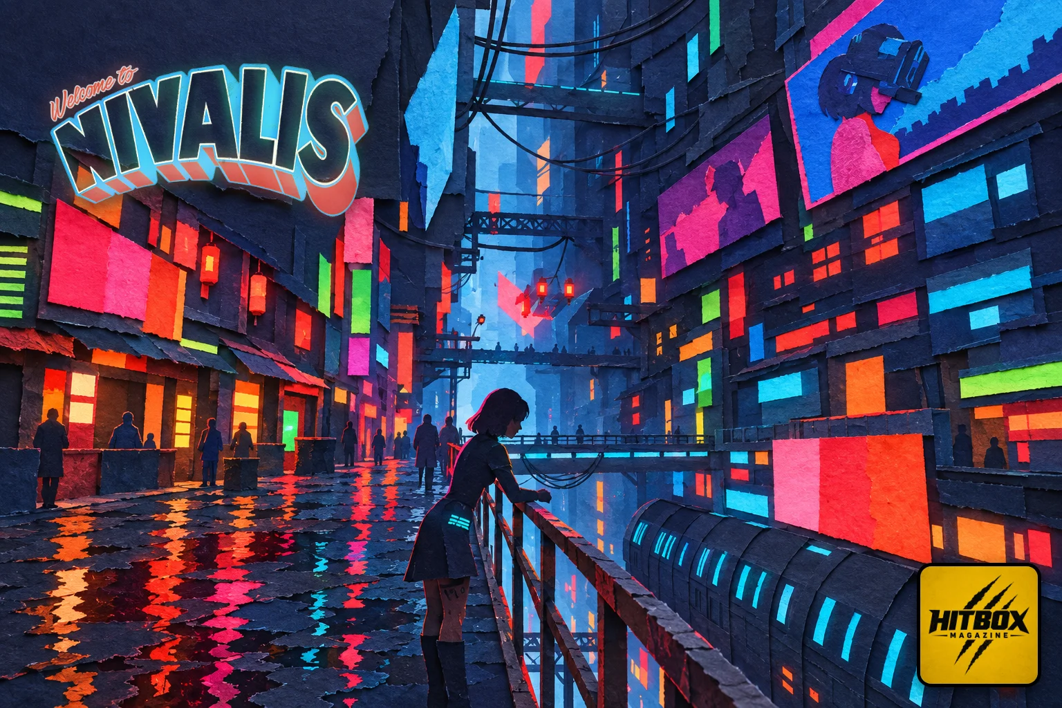 Nivalis Nights paper-cut art, a figure leaning on a railing above neon