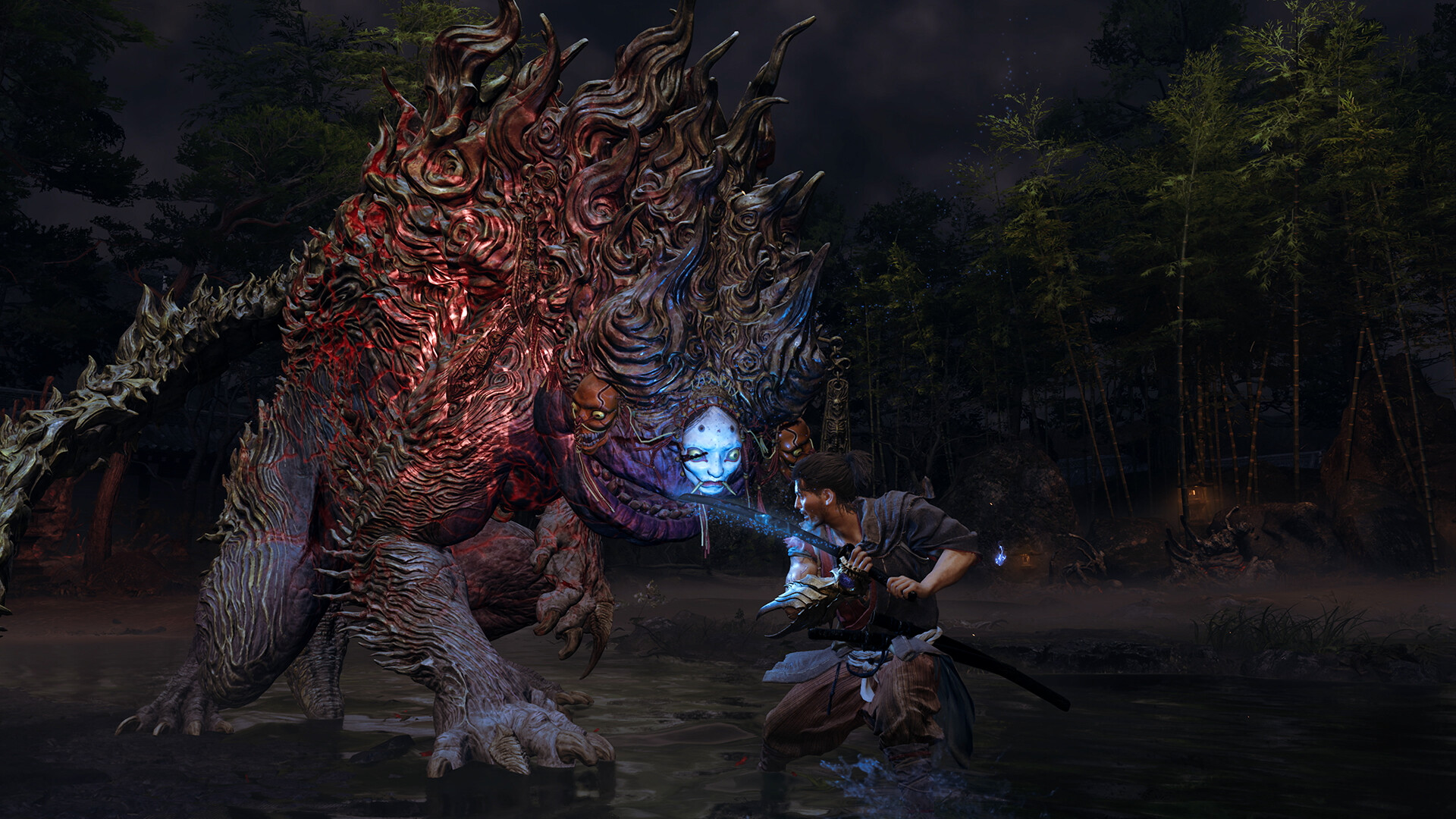 Onimusha: Way of the Sword: Musashi faces a giant demon in a bamboo forest