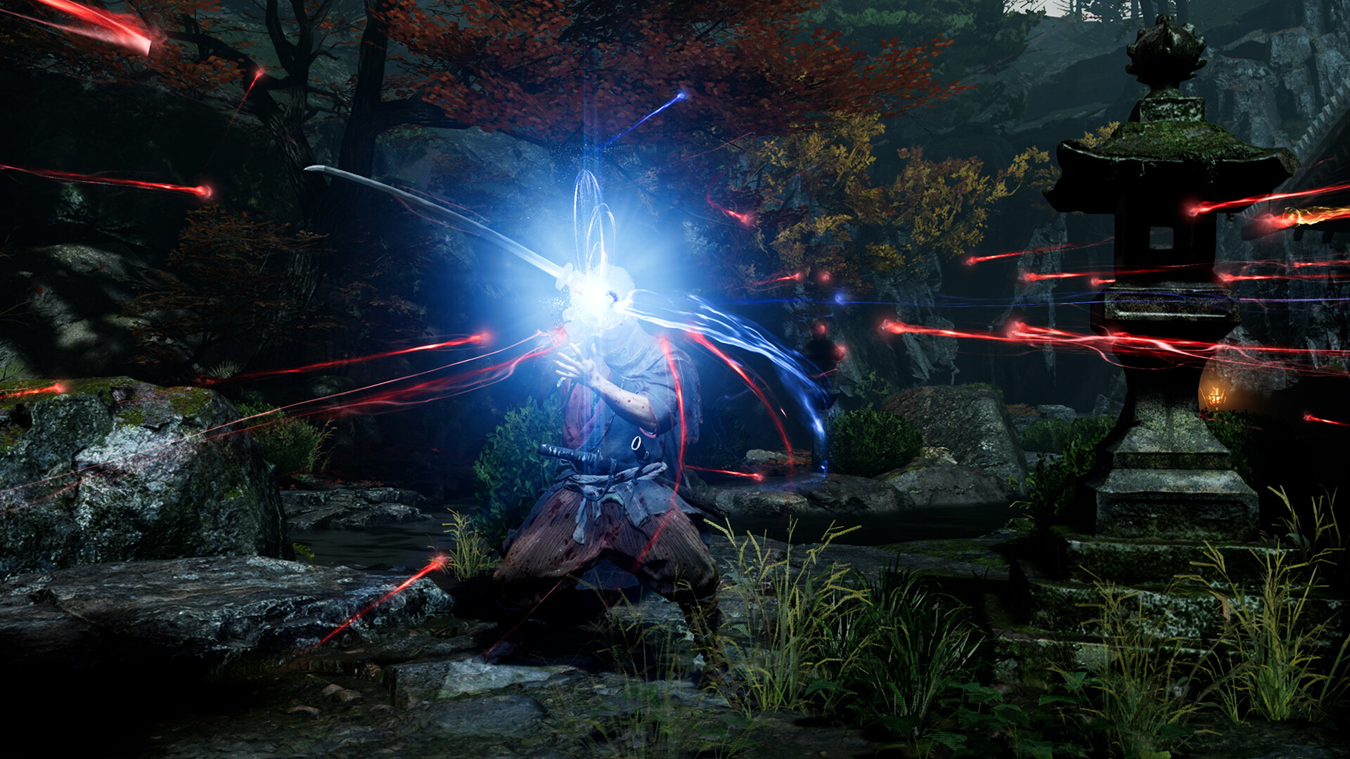Onimusha: Way of the Sword: Musashi lands a sword counter in a garden at night