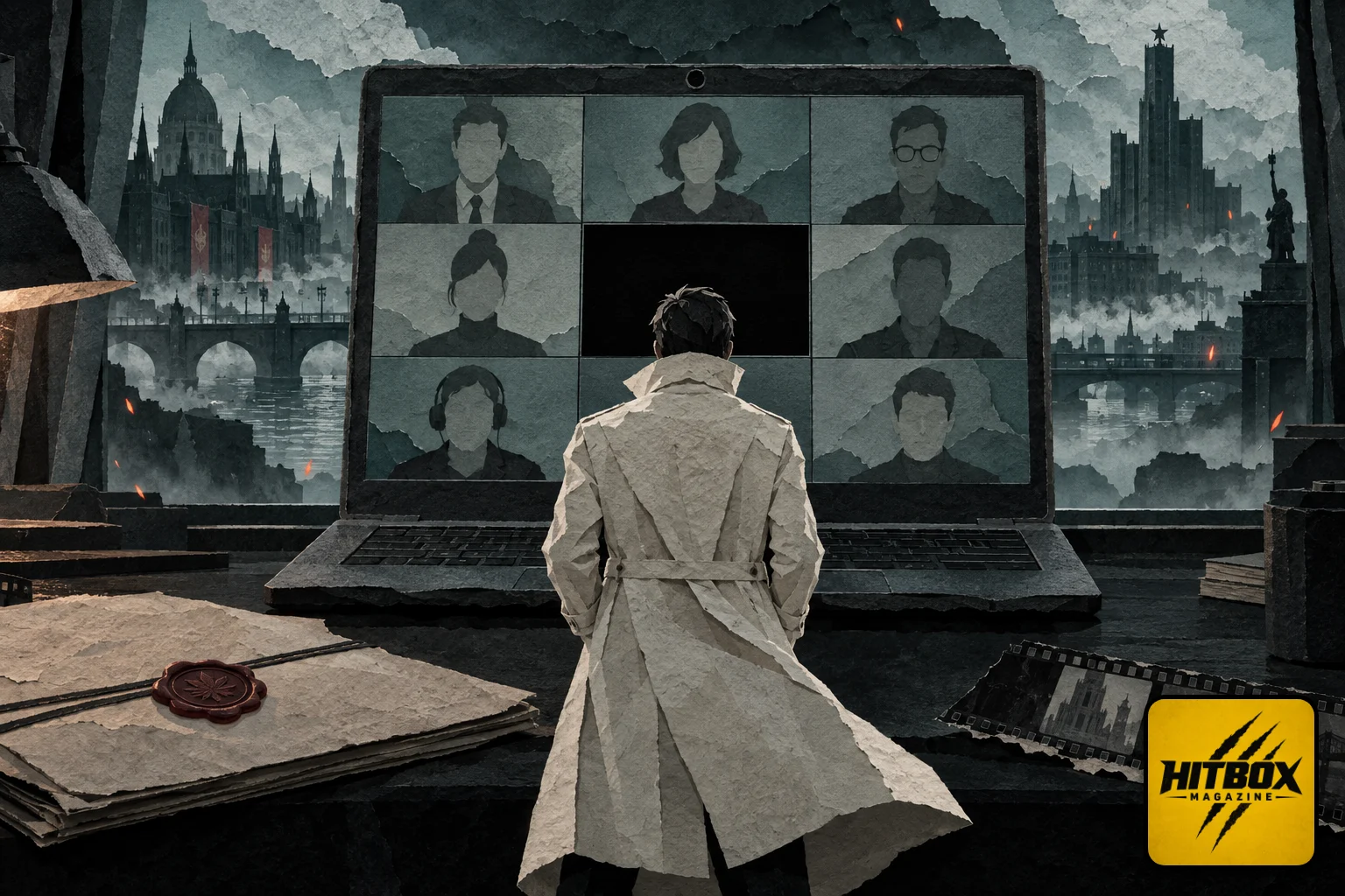 Physint paper trench coat silhouette facing a video call where one window goes dark