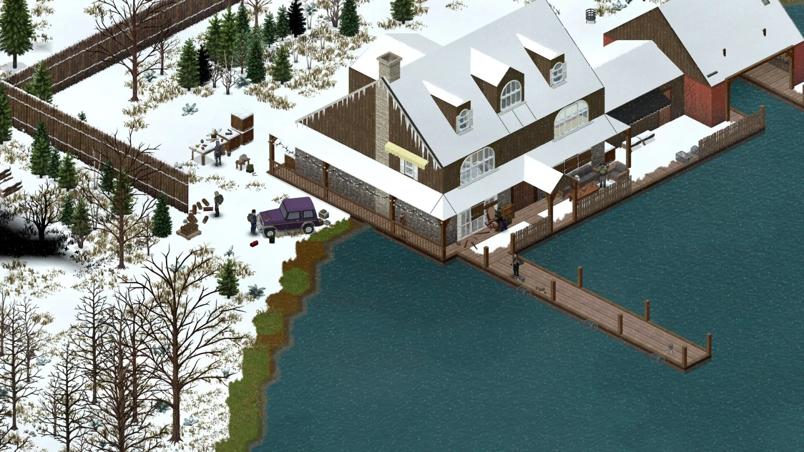Project Zomboid, a suburban street in isometric view with zombies scattered around