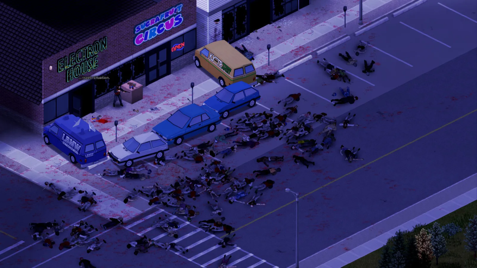 Project Zomboid, a garage holding several vehicles with the repair interface open