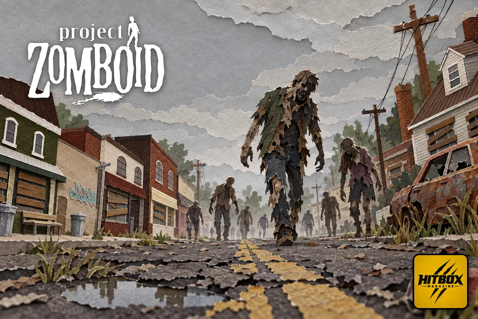 Project Zomboid paper-cut artwork, a suburban street seen from ground level