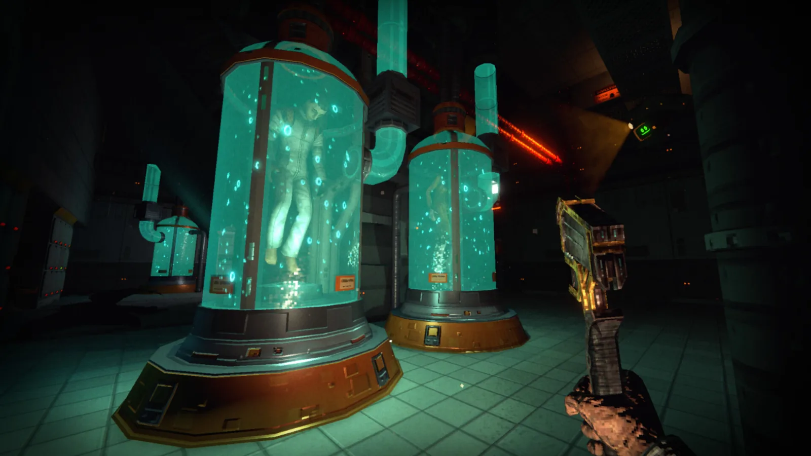 RetroSpace, a station hall lit by orange neon with green specimen tanks