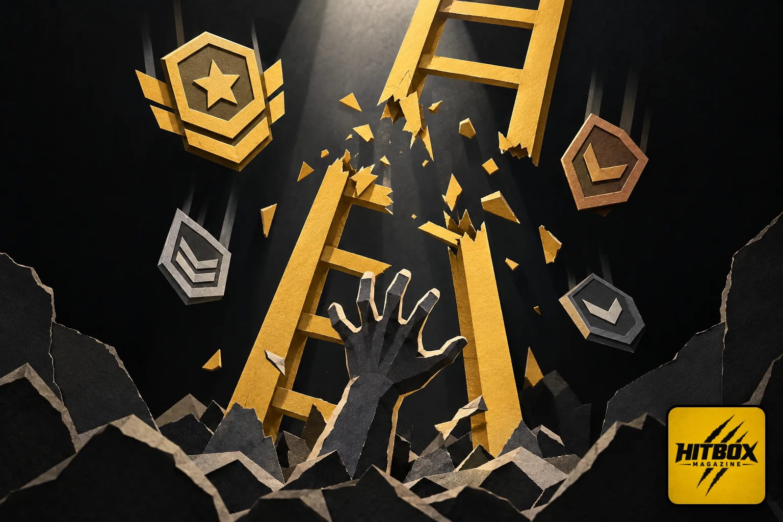 Riot Games échelle de classement en papier découpé brisée, badges de rang qui tombent