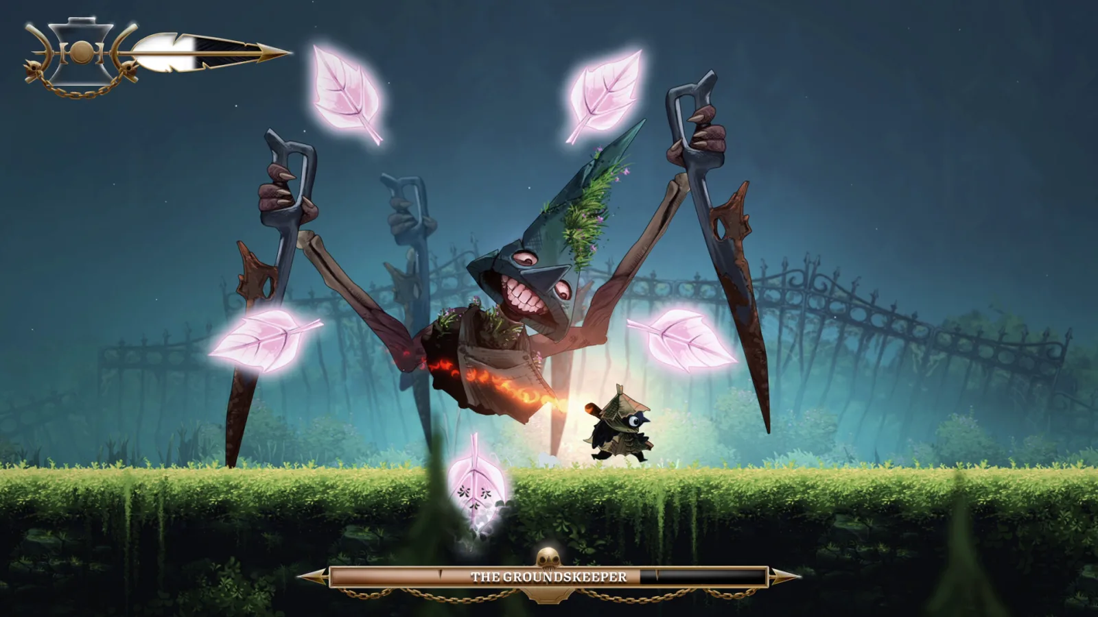 Well Dweller : Glimmer face à un boss grotesque entouré de plumes