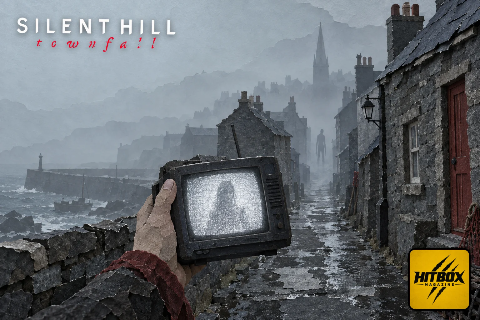 Silent Hill: Townfall paper-cut portable television in a foggy Scottish village street