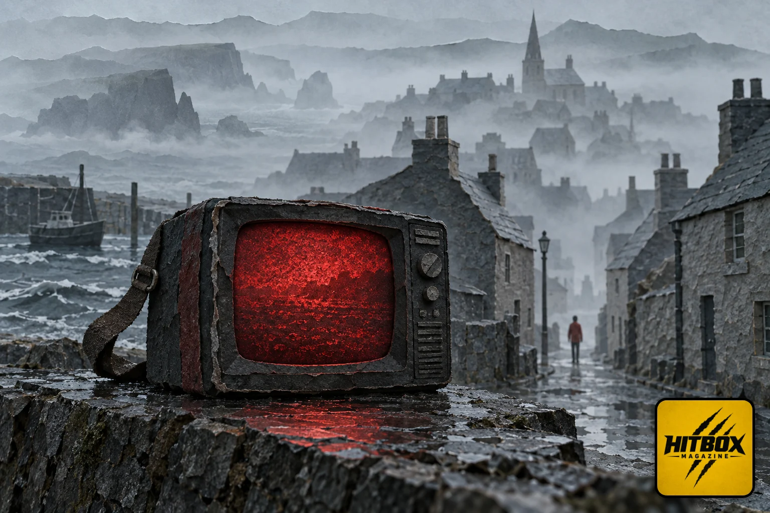 Silent Hill: Townfall paper-cut Scottish island town lost in fog with a glowing pocket television