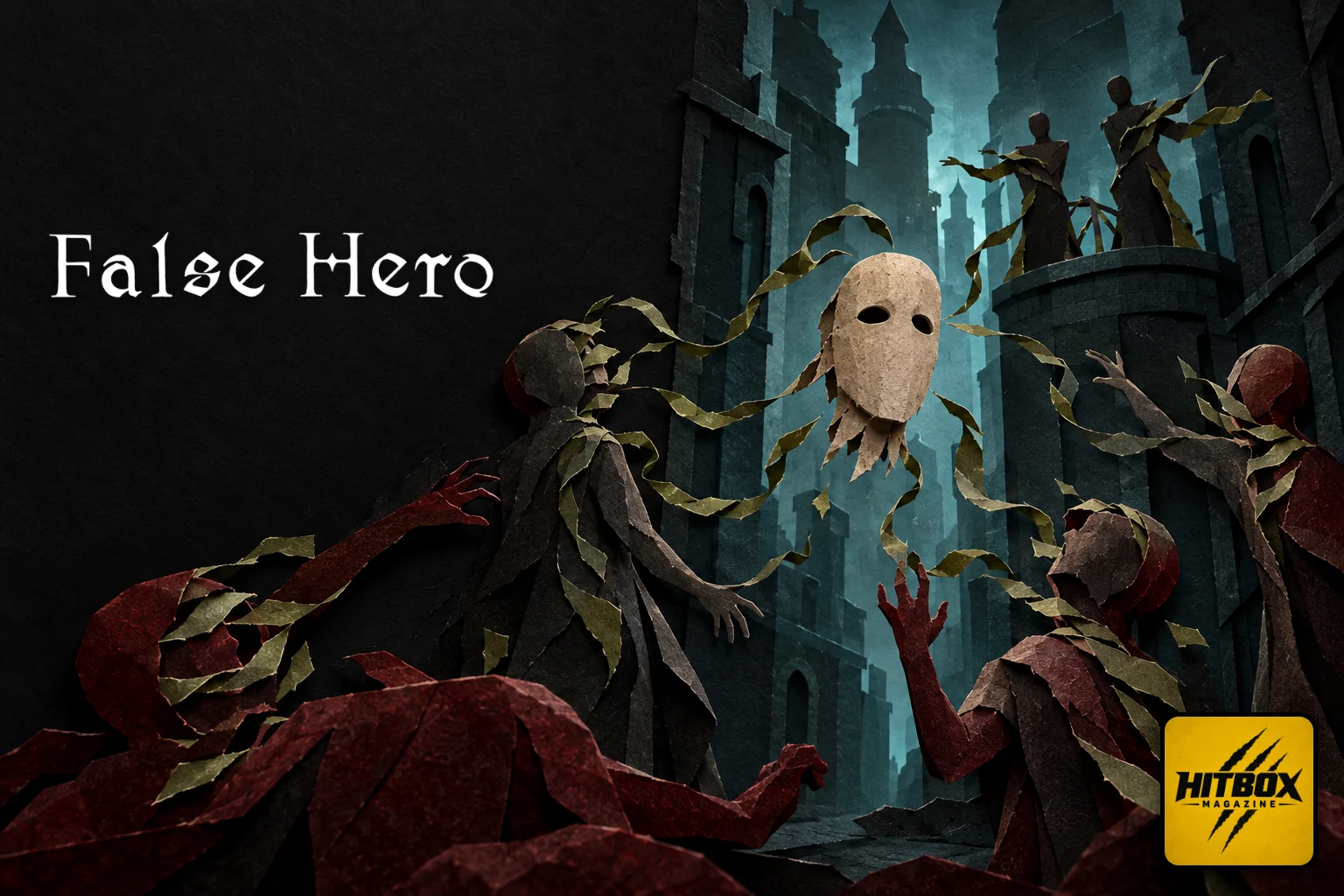False Hero en papier découpé, masque vierge aspirant des rubans de papier