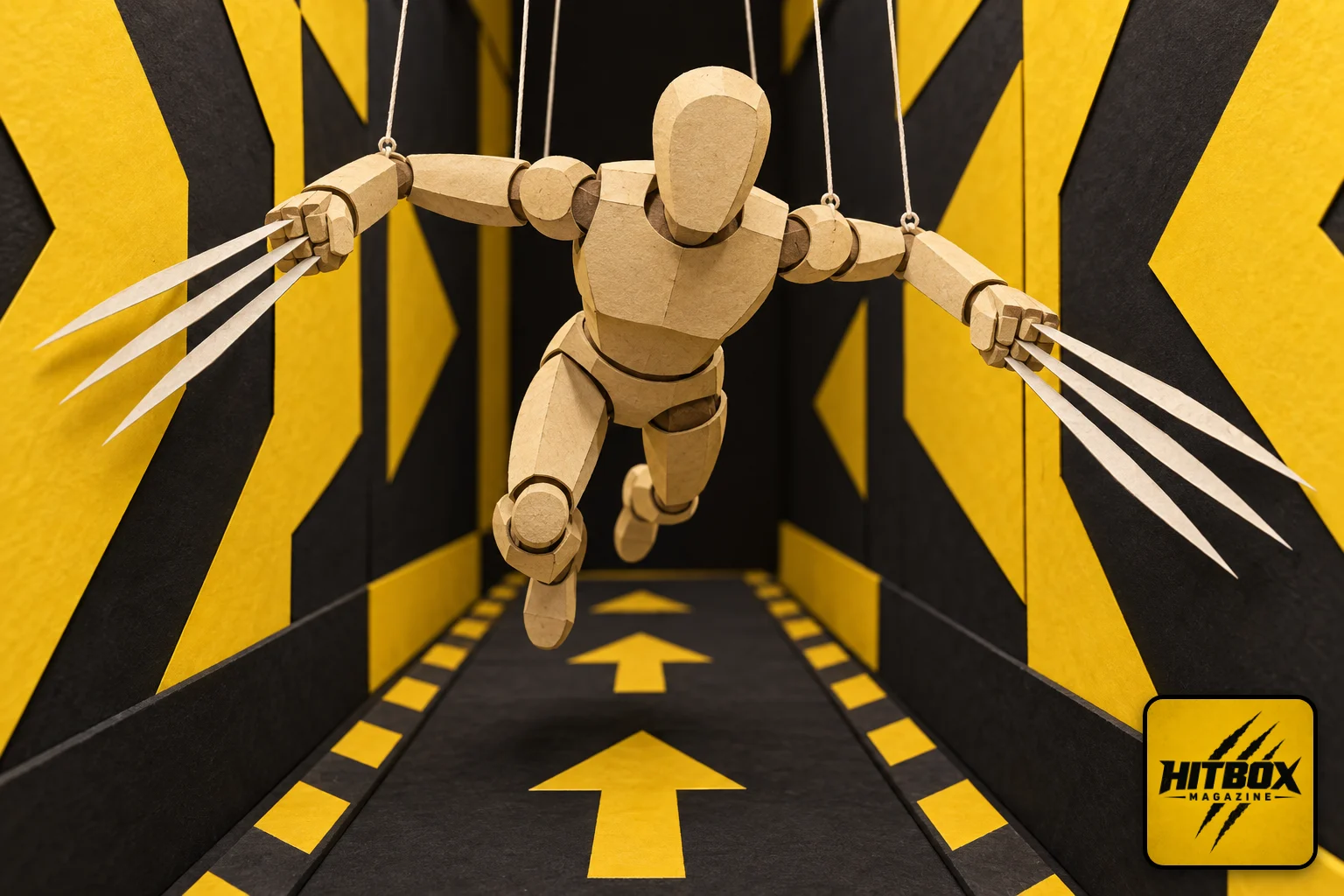 Marvel's Wolverine paper-cut claws piercing a grid wall before a guided corridor
