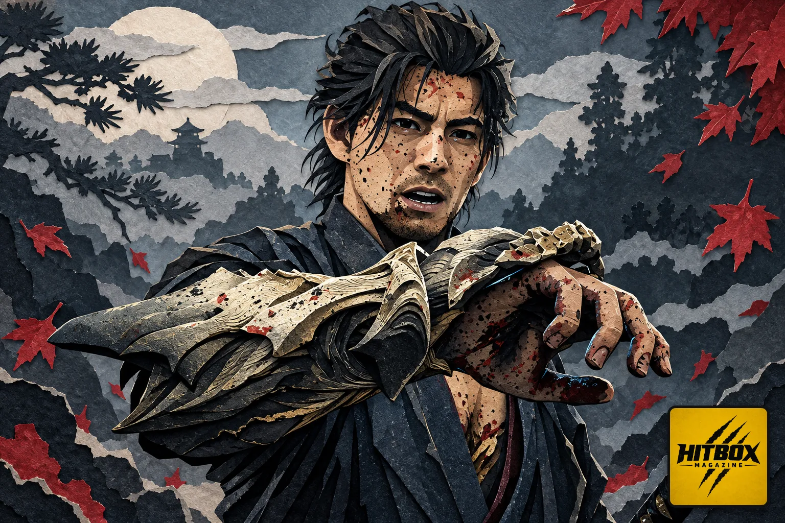 Onimusha: Way of the Sword : Musashi en papier découpé tend son gantelet d'oni