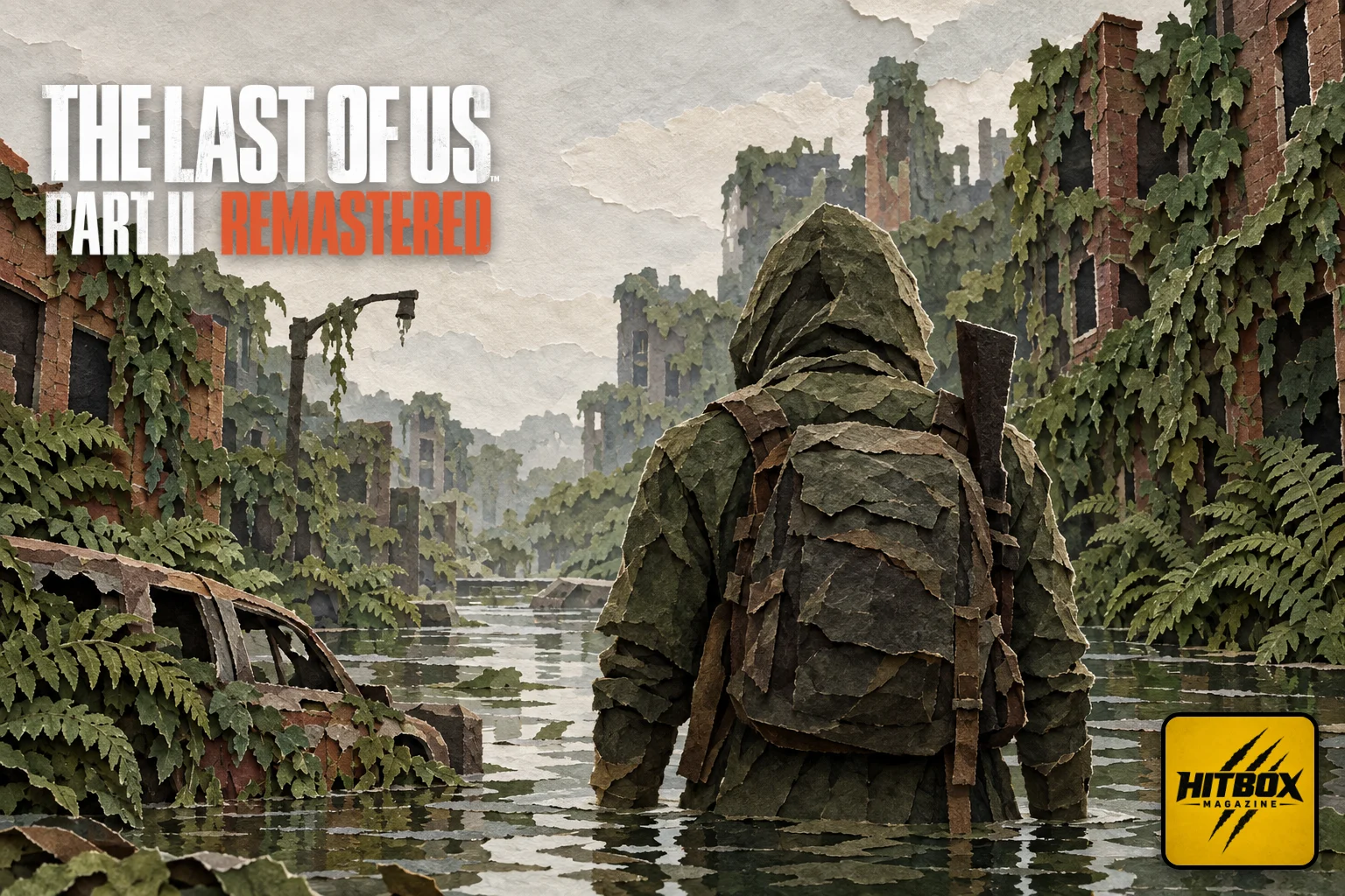 The Last of Us paper-cut artwork, two figures in a city reclaimed by plants
